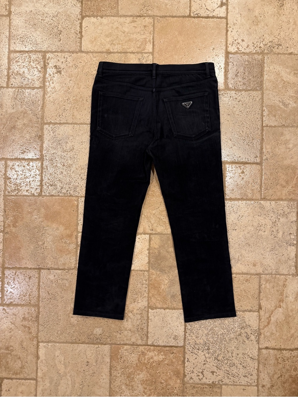 Prada 2021 Black Velvet Five Pocket Plagued Logo Denim Jeans